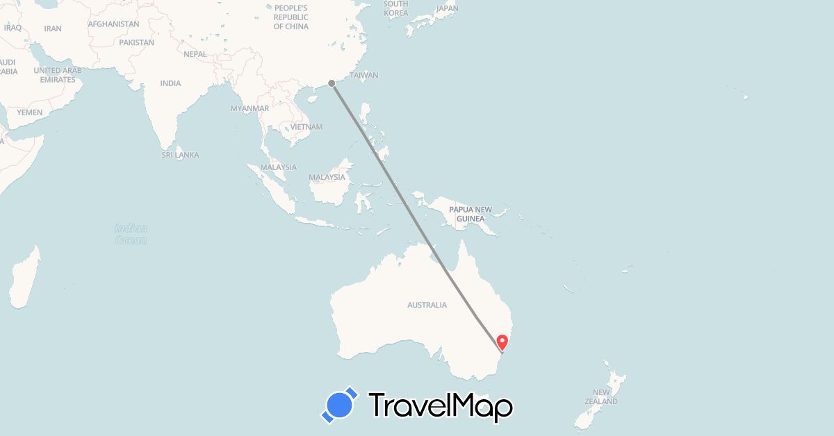 TravelMap itinerary: plane, hiking in Australia, Hong Kong (Asia, Oceania)